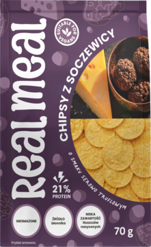 Fioletowe opakowanie chipsów Real Meal z soczewicy, serowo-truflowy smak, 21% białka, dla wegan.