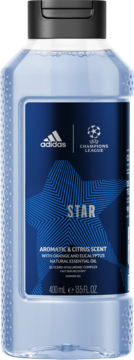 Adidas UEFA STAR Edition żel pod prysznic, niebieska butelka 400ml, zapach pomarańczy i eukaliptusa, widok z przodu.