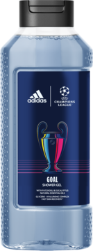 Adidas UEFA Goal żel pod prysznic męski, jasnoniebieska butelka z logo Ligi Mistrzów i esencją paczuli, front.