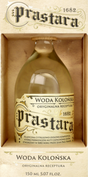 Woda Kolońska Prastara 1682 w szklanej butelce z beżową etykietą, widoczna w kremowym pudełku.