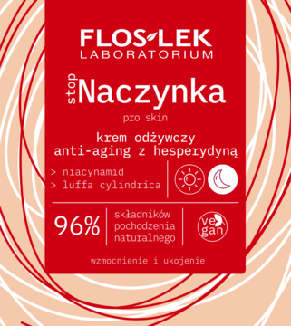 Floslek Stop Naczynka krem anti-aging z hesperydyną, 96% nat. składników. Czerwona etykieta, widok z przodu.
