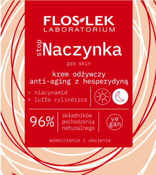 Etykieta kremu Flos-Lek Naczynka anti-aging z hesperydyną i niacynamidem, czerwono-biała, widok z przodu.