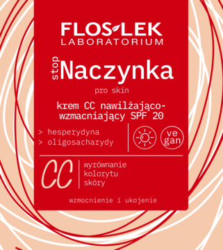 FLOSLEK Stop Naczynka krem CC, nawilżająco-wzmacniający SPF 20, na czerwonej etykiecie.