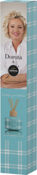Niebieskie pudełko Dorota & Aroma Home, wkład do dyfuzora zapach świeże pranie, z wizerunkiem kobiety.