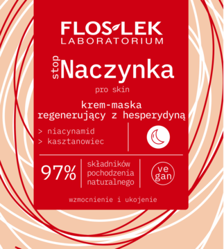 Flos-Lek krem-maska Naczynka z hesperydyną, czerwono-białe opakowanie, 97% naturalnych składników, widok z przodu.