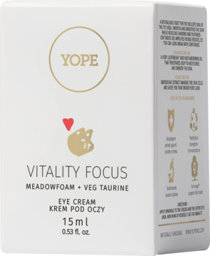 Yope Vitality Focus krem pod oczy 15ml z Meadowfoam i wege tauryną, białe pudełko, widok z przodu pod kątem.