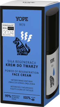 Niebieskie pudełko kremu YOPE MEN Power of Regeneration Face Cream dla mężczyzn, 99% naturalny, widok z przodu.