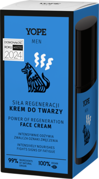 Yope Men Siła Regeneracji krem do twarzy, niebieskie pudełko z wilkiem, czarna butelka, 99% naturalny, widok pod kątem.