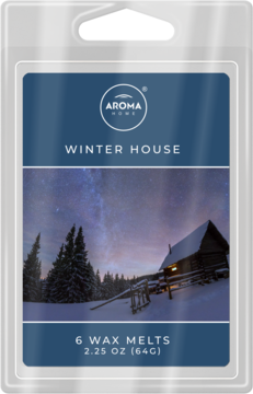 Wosk zapachowy Aroma Home Winter House, 6 kostek w przezroczystym opakowaniu z etykietą śnieżnej chatki i gwiazd.