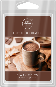 Opakowanie wosków zapachowych Aroma Home Hot Chocolate, 6 szt. (64g), z grafiką kubka gorącej czekolady.