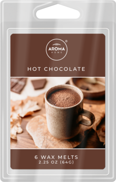 Opakowanie wosków zapachowych Aroma Home Hot Chocolate, 6 szt. (64g), z grafiką kubka gorącej czekolady.