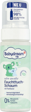 Biała butelka Babydream Feuchttuch-Schaum extra sensitiv z pantenolem i koalą, 98% recyklingu, widok przód.