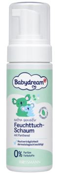 Babydream pianka do nawilżania chusteczek extra sensitive 150ml, biała butelka z pompką, przód, koale.