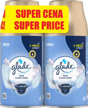 Dwa Glade Pure Clean Linen spraye, niebieskie puszki z kwiatowym motywem, widok z przodu, baner Super Price.