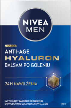 Niebieskie kartonowe opakowanie balsamu po goleniu NIVEA MEN Anti-Age Hyaluron, widok z przodu, 100 ml.
