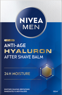 Nivea Men Anti-Age Hyaluron Balsam po goleniu 100ml, widok z przodu ciemnoniebieskiego opakowania. Nawilża, przeciwzmarszczkowy.