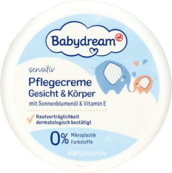 Biały okrągły słoik kremu Babydream sensitiv do twarzy i ciała, z niebieską etykietą, widok z przodu.