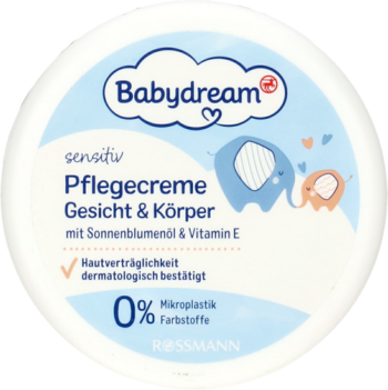 Biały okrągły słoik kremu Babydream sensitiv do twarzy i ciała, z niebieską etykietą, widok z przodu.