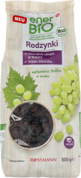Przedni widok opakowania rodzynek enerBiO Rossmann 500g, z okienkiem pokazującym ciemne rodzynki i winogrona.
