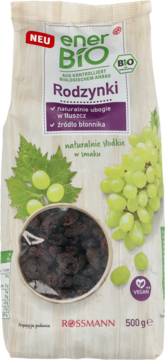 Przedni widok opakowania rodzynek enerBiO Rossmann 500g, z okienkiem pokazującym ciemne rodzynki i winogrona.