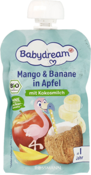 Babydream Mango & Banane w jabłku z kokosem, mus BIO w tubce dla dzieci od 1 roku, widok z przodu.