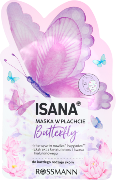Isana Butterfly maseczka w płachcie, fioletowa, w kształcie motyla. Nawilża i wygładza, z lotosem i kwasem hialuronowym.