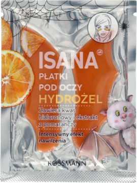 Isana płatki hydrożelowe pod oczy z ekstraktem pomarańczy, kwasem hialuronowym. Halloweenowe opakowanie, widok z przodu.