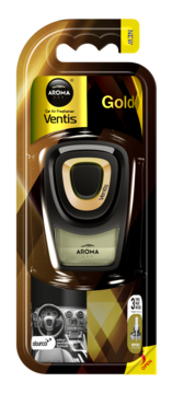 Aroma Ventis Gold, odświeżacz samochodowy w czarno-złotym opakowaniu typu blister, widok z przodu.