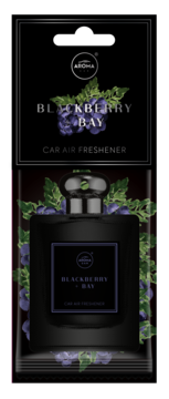 AROMA CAR Blackberry Bay, czarny odświeżacz samochodowy w eleganckim pudełku i butelce z motywem jeżyn.