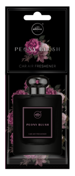 Czarny odświeżacz powietrza Aroma Home Peony Blush, widok z przodu z opakowaniem, kwiat piwonii.
