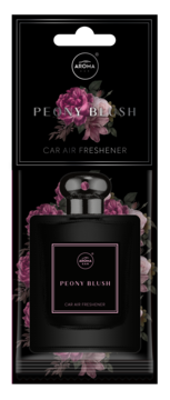 Czarny odświeżacz powietrza Aroma Home Peony Blush, widok z przodu z opakowaniem, kwiat piwonii.