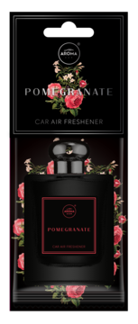 Elegancki czarny odświeżacz Pomegranate Car Air Freshener, widok opakowania i butelki z różanym wzorem.