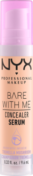 NYX Bare With Me Concealer Serum w jasnej butelce z różową pompką, widok z przodu. Zawiera tremella mushroom.