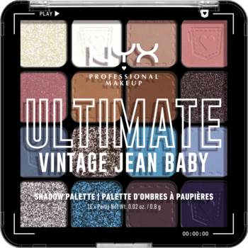 Paleta cieni NYX Ultimate Vintage Jean Baby, 16 odcieni inspirowanych dżinsem, mat i shimmer. Widok z przodu.