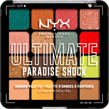 NYX Ultimate Paradise Shock paleta 16 wegańskich cieni. Kwadratowa, czarna, z wibrującymi tropikalnymi odcieniami.