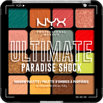 NYX Ultimate Paradise Shock paleta 16 wegańskich cieni. Kwadratowa, czarna, z wibrującymi tropikalnymi odcieniami.