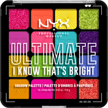 NYX Ultimate I Know That's Bright paleta cieni do powiek, 16 żywych, mocno napigmentowanych odcieni, widok z góry.