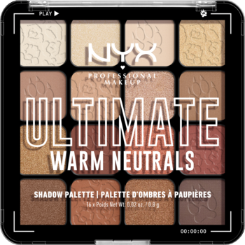 NYX Ultimate Warm Neutrals: czarna paleta 16 ciepłych cieni do powiek, beże, brązy, mat i błysk, widok z góry.
