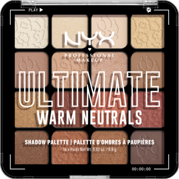 NYX Ultimate Warm Neutrals: czarna paleta 16 ciepłych cieni do powiek, beże, brązy, mat i błysk, widok z góry.