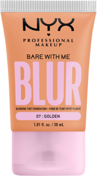 NYX Bare With Me Blur podkład wygładzający 07 Golden w pomarańczowej tubce z różową nakrętką, przód.