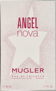 Przedni widok białego pudełka Mugler Angel Nova Eau de Toilette z różowym napisem i dużą białą gwiazdą.