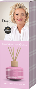 Dyfuzor Dorota & Aroma Home Konfitura malinowa, widok frontu opakowania z Dorotą Szelągowską i różową butelką w kratę.