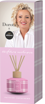 Dyfuzor Dorota & Aroma Home Konfitura malinowa, widok frontu opakowania z Dorotą Szelągowską i różową butelką w kratę.