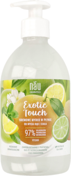 Mydło w płynie Nau Cosmetics Exotic Touch, przezroczysta butelka z pompką, etykieta z cytrusami i miętą, przód.