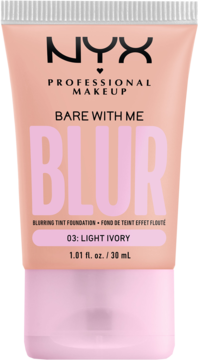 NYX Bare With Me Blur, podkład wygładzający Light Ivory w jasnoróżowej tubie, matowe wykończenie, widok z przodu.