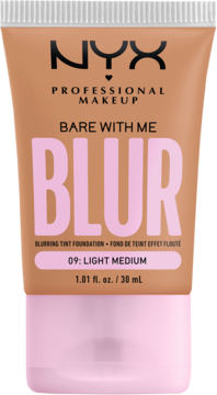 NYX Bare With Me Blur foundation tube, light brown with pink cap, front view, shows 09 Light Medium shade.
