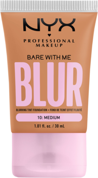 NYX Bare With Me Blur foundation, tan squeeze tube with large pink "BLUR" text, shade 10 Medium, frontal.