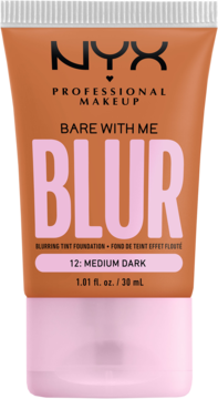 NYX Bare With Me Blur podkład wygładzający, tuba 12: Medium Dark, brązowa z różową nakrętką, widok z przodu.