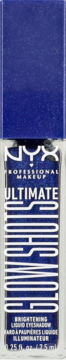 NYX Ultimate Glow Shots, jasnoniebieski błyszczący płynny cień do powiek w przezroczystej butelce z niebieską nakrętką.