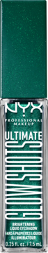 NYX Ultimate Glow Shots Brightening Liquid Eyeshadow, shimmery emerald green, in a clear bottle with green cap.